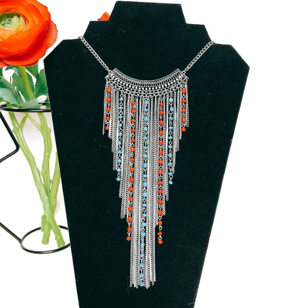 Boho Bead & Chain Tassel Fringe Statement Necklace